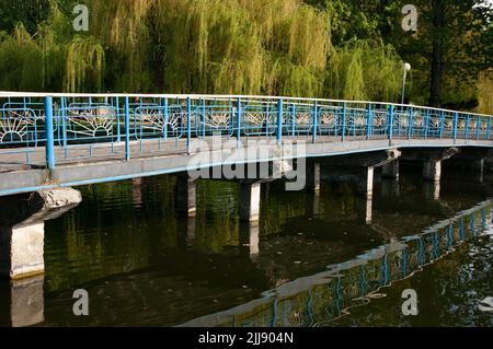 a bridge with railings is thrown over the green water, on the shore willows are leaning over the water. Stock Photo