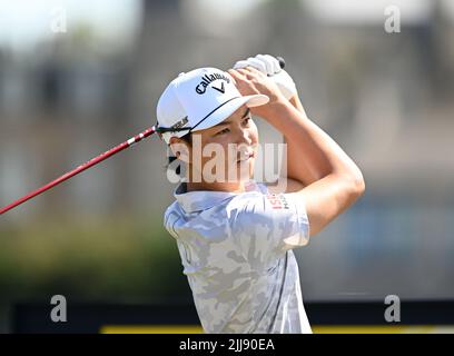 150th Open Golf Championships, St Andrews, July 16th 2022. Min Woo Lee tees off at the 2nd during the third round at the Old Course, St Andrews. Stock Photo