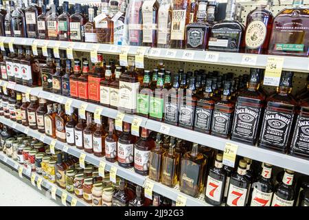 Miami Beach Florida,Walgreens liquor store inside interior shelf shelves bottles,Jack Daniel's whiskey brands alcoholic beverages sale display,in a Stock Photo