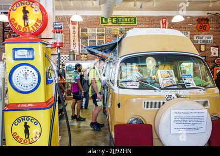 Pontiac Illinois,Route 66 Association Hall of Fame & and Museum inside exhibit Bob Waldmire 1972 VW Microbus camper caravan gas pump Conoco Americana Stock Photo