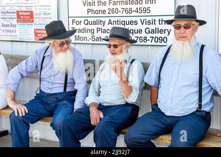 Shipshewana Indiana,Flea Market,senior seniors old citizen citizens retired Amish men man male talking friends beards,culture cultural group people Stock Photo