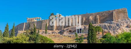 Famous Athens landmark Acropolis from the south side with the Choregic Monument of Thrasyllos, panorama Stock Photo