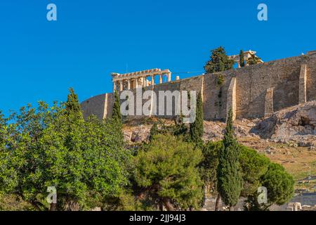 Famous Athens landmark Acropolis from the south side of the fortress with the Parthenon Stock Photo