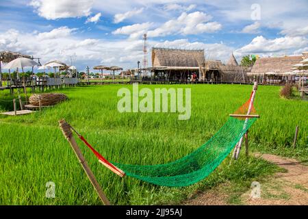 Ayutthaya Thailand 6th Jun 2022: the path and view of Rak Na Ayutthaya in Rice field. A very beautiful yet relax place. Stock Photo