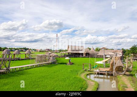 Ayutthaya Thailand 6th Jun 2022: the path and view of Rak Na Ayutthaya in Rice field. A very beautiful yet relax place. Stock Photo