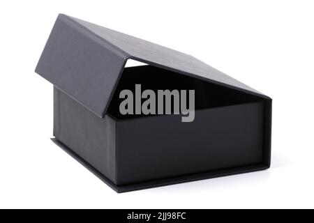 Black gift cardboard box with magnetic lid isolated on white Stock Photo