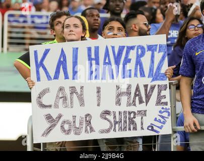 July 23, 2022: Fans hold a sign during the Florida Cup Series Arsenal vs Chelsea FC soccer match at Camping World Stadium in Orlando, Fl on July 23, 2022. (Credit Image: © Cory Knowlton/ZUMA Press Wire) Stock Photo
