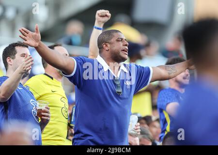 July 23, 2022: A Chelsea FC fan cheers during the Florida Cup Series Arsenal vs Chelsea FC soccer match at Camping World Stadium in Orlando, Fl on July 23, 2022. (Credit Image: © Cory Knowlton/ZUMA Press Wire) Stock Photo
