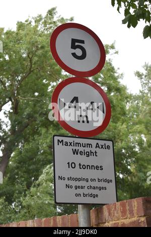 Sign on bridge: 'No stopping on bridge, no gear changes on bridge'. Stock Photo