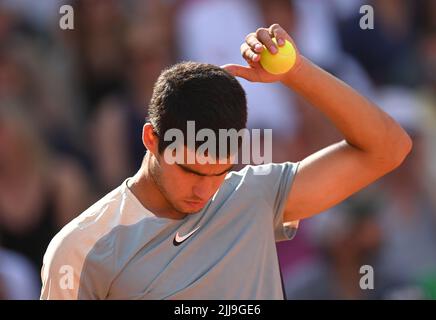 Hamburg, Germany. 24th July, 2022. Tennis: ATP Tour, Singles, Men, Final: Alcaraz (Spain) - Musetti (Italy). Carlos Alcaraz reacts. Credit: Daniel Bockwoldt/dpa/Alamy Live News Stock Photo