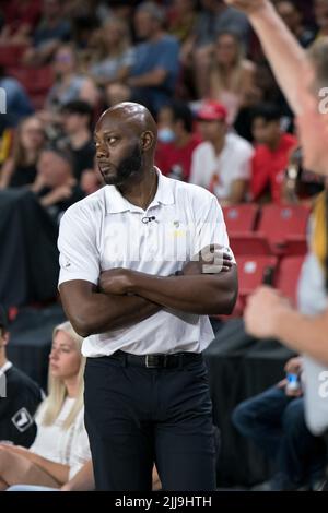 Edmonton, Alberta, Canada. 23rd July, 2022. JERMAINE SMALL coachduring a regular season Cebl match up where the Edmonton Stingers hosted the Guelph Nighthawks at Edmonton Expo Centre in Edmonton, Alberta. (Credit Image: © Matthew Helfrich/ZUMA Press Wire) Stock Photo