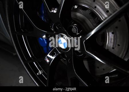 The Front Gloss Black BMW 763M CS Alloy Wheel On A 2015 BMW M3 F80 Stock Photo