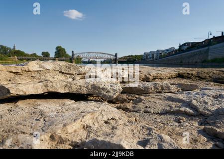 Cathedral rock, Domfelsen in the riverbed of the Elbe River near Magdeburg exposed due to great drought Stock Photo