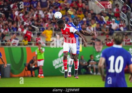 Orlando, Florida, USA, July 23, 2022, Arsenal FC and Chelsea players fight for the ball at Camping World Stadium in a Friendly Match.  (Photo Credit:  Marty Jean-Louis) Stock Photo