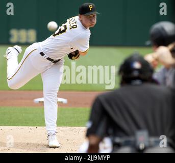 Pittsburgh, United States. 24th July, 2022. Pittsburgh Pirates starting pitcher Mitch Keller (23) throws in the second inning against the Miami Marlins at PNC Park on Sunday July 24, 2022 in Pittsburgh. Photo by Archie Carpenter/UPI Credit: UPI/Alamy Live News Stock Photo