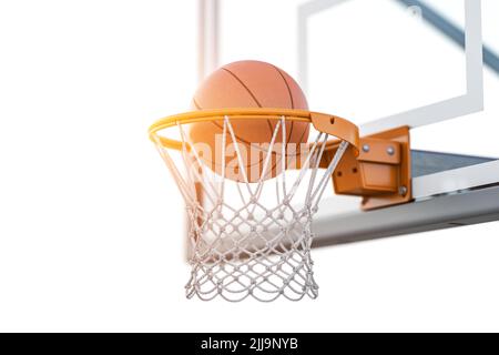 Basketball ball in tha basketball hoop on a street basketball court. 3d illustration Stock Photo