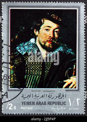 YEMEN - CIRCA 1968: a stamp printed in the Yemen Arab Republic shows Rubens autoportrait, Painting by Rubens, Flemish Painter, circa 1968 Stock Photo