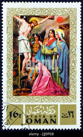 OMAN - CIRCA 1971: a stamp printed in State of Oman shows painting on religious themes from the life of Jesus Christ, circa 1971 Stock Photo