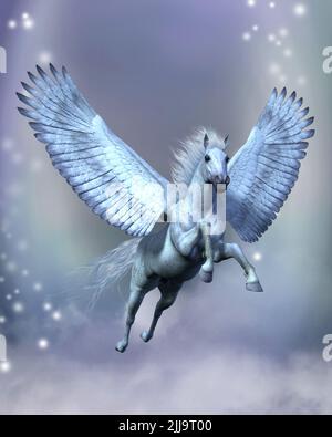 White Pegasus Fantasy - Legendary white Pegasus flies among stars and fluffy clouds on sturdy wings. Stock Photo