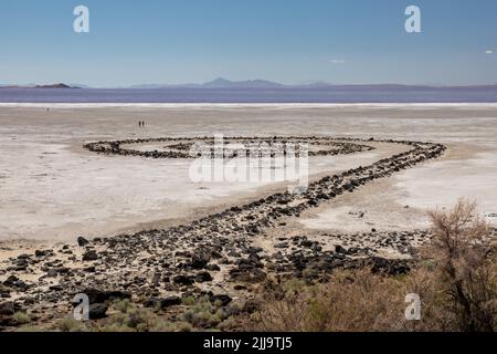 Promontory, Utah - The Spiral Jetty, an earthwork sculpture created by Robert Smithson in 1970 in Great Salt Lake. The sculpture was underwater for 30 Stock Photo