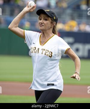 Pittsburgh, United States. 24th July, 2022. Actress Jane Seymour throws out the first pitch before the start of the Pittsburgh Pirates and Miami Marlins game at PNC Park on Sunday July 24, 2022 in Pittsburgh. Photo by Archie Carpenter/UPI Credit: UPI/Alamy Live News Stock Photo