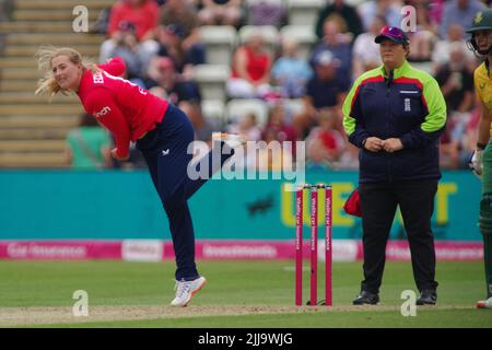 Worcester, England, 23 July 2022. Sophie Ecclestone bowling for England Women against South Africa Women in a T20 International at New Road, Worcester. Credit: Colin Edwards Stock Photo