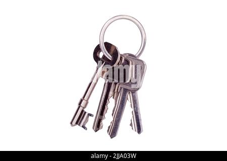 Bunch of keys on a keyring isolated on a white background Stock Photo
