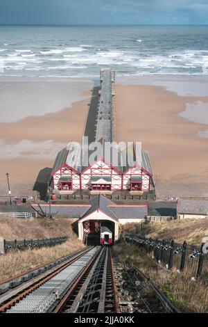 The cliff lift and pier at Saltburn-by-the-Sea Stock Photo