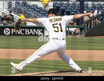 Pittsburgh, United States. 24th July, 2022. Pittsburgh Pirates relief pitcher David Bednar (51) throws in the tenth inning of the Miami Marlins 6-5 win at PNC Park on Sunday July 24, 2022 in Pittsburgh. Photo by Archie Carpenter/UPI Credit: UPI/Alamy Live News Stock Photo