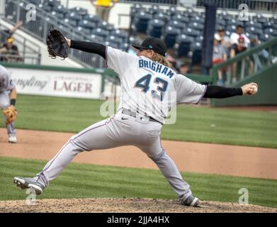 Pittsburgh, United States. 24th July, 2022. Miami Marlins relief pitcher Jeff Bingham throws in the tenth inning and records the 6-5 win against the Pittsburgh Pirates at PNC Park on Sunday July 24, 2022 in Pittsburgh. Photo by Archie Carpenter/UPI Credit: UPI/Alamy Live News Stock Photo