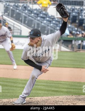 Pittsburgh, United States. 24th July, 2022. Miami Marlins relief pitcher Jeff Bingham throws in the tenth inning and records the 6-5 win against the Pittsburgh Pirates at PNC Park on Sunday July 24, 2022 in Pittsburgh. Photo by Archie Carpenter/UPI Credit: UPI/Alamy Live News Stock Photo