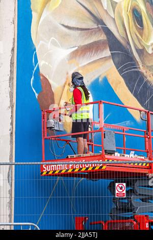 Weston-super-Mare, UK, 24 July 2022: Artist Curtis Hylton at work on the second day of Weston Wallz 2022. Weston Wallz is an annual event organised by Upfest, Europe’s largest street art festival, in partnership with Culture Weston and Weston-super-Mare Town Council. Stock Photo