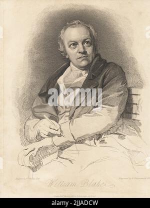 Portrait of William Blake, English poet, painter, and printmaker, 1757-1827. Blake seated on a bench in coat, waistcoat, cravat, holding a graver. Copperplate engraving by Luigi Schiavonetti after a painting by Thomas Phillips RA from Robert Blair's The Grave, T. Bensley for Rudolph Ackermann, 101 Strand, London, 1813. Stock Photo