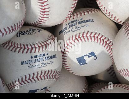 Pittsburgh, United States. 24th July, 2022. Official MLB baseballs ready for the start of the Pittsburgh Pirates and Miami Marlins game at PNC Park on Sunday July 24, 2022 in Pittsburgh. Photo by Archie Carpenter/UPI Credit: UPI/Alamy Live News Stock Photo