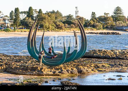 The Eyes of the Land and the Sea sculpture by Alison Page and Nik Lachajczak at Captain Cook's Landing Place in Botany Bay Stock Photo