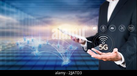 Business network communication concept. 5G Network Internet Mobile Wireless. 5g internet connects all activities in your hands shopping, finance, trav Stock Photo