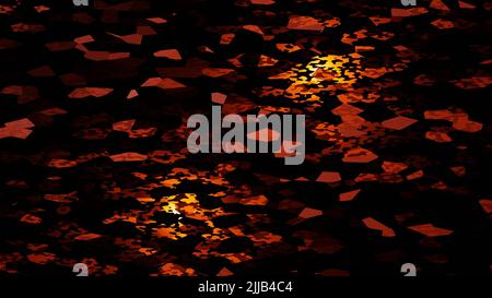 3D rendering. Magma texture. Boiling ground texture. Fire texture. Pattern of red and yellow geometric shapes. Hexagons scattered on a background with hexagons. Stock Photo