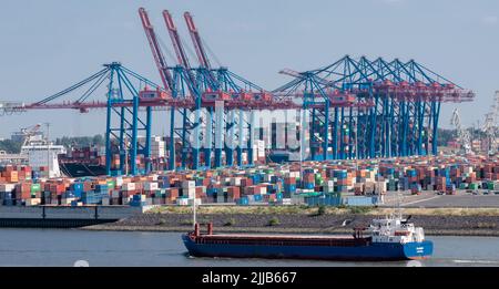 Hamburg, Germany. 24th July, 2022. View across the Elbe River to the Container Terminal Tollerort of Hamburger Hafen und Logistik AG (HHLA). Credit: Markus Scholz/dpa/Alamy Live News Stock Photo