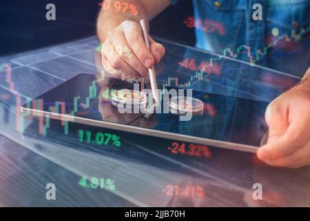 Businessman trading  buying selling crypto currency bitcoin concept Stock Photo
