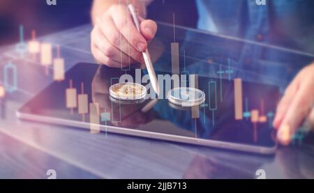 Businessman trading  buying selling crypto currency bitcoin concept Stock Photo