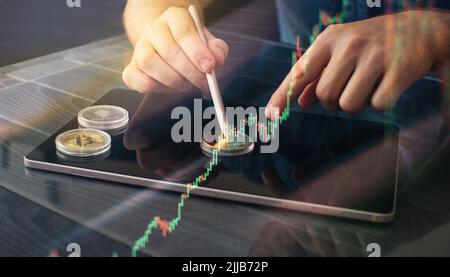 Businessman trading  buying selling crypto currency bitcoin concept Stock Photo