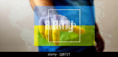Help Ukraine in the war, Man presses the help button Stock Photo