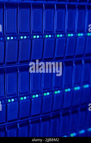 Close-up of computer equipment with lights and buttons for datas storage in center Stock Photo