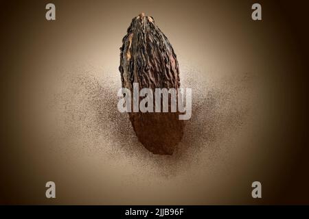 Cocoa pod with powder explosion, on brown background. Stock Photo