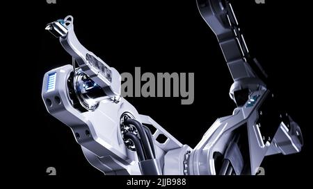 3d rendering of industrial robotic arm with Mechanical rotating machinery parts with modern futuristic elegant and dramatic lighting with black backgr Stock Photo