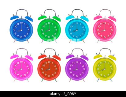 Colorful of alarm clocks showing 8 o clock. Isolated on white Stock Photo