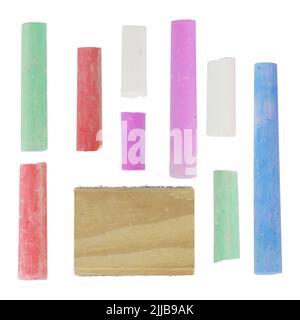 Collection of colorful chalks and wooden black board erasers. Isolated on white Stock Photo