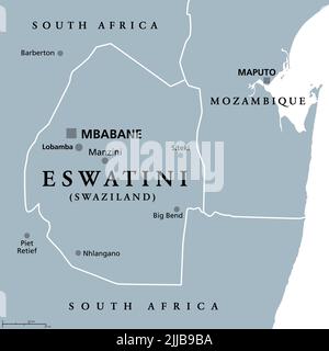 Eswatini, formerly named Swaziland, gray political map, with capitals Mbabane (executive) and Lobamba (legislative). Country in Southern Africa. Stock Photo