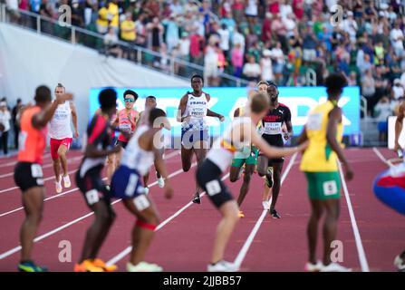 Eugene, USA. 24th July, 2022. Athletes compete during the men's 4x400m relay final at the World Athletics Championships Oregon22 in Eugene, Oregon, the United States, July 24, 2022. Credit: Wang Ying/Xinhua/Alamy Live News Stock Photo