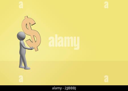 man carrying money concept 3D figure carrying a 3D gold metal dollar currency symbol sign Stock Photo
